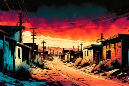 create a hyper detailed illustration of a small southwestern ghost town in the comic art style of FRANK MILLER and BILL SIENKIEWICZ, searing lines and forceful strokes, precisely drawn, boldly inked, with gritty textures, vibrant colors, dramatic otherworldly lighting