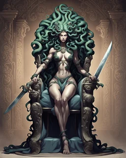 full-length, detailed persona, sword in hand, gorgon medusa, sitting on a throne in a relaxed pose