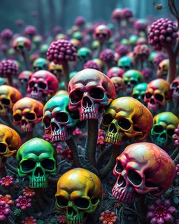 a field of skulls growing from the ground like fungus, multi colored, bright, vivid, psychedelic high detailed, matte, bunches and bubbled up clumps, horrorcore, vines