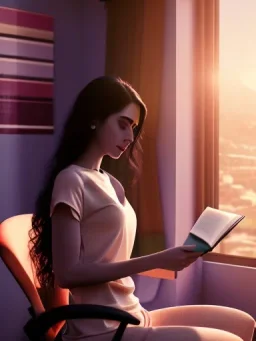 Beautiful, thin young woman, Arab home clothes, wavy hair, sitting on an office chair, reading a novel, next to a window, outside the window is sunset , 8k, finely detailed, photo realistic, cinematic