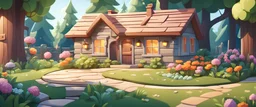 Background: the front yard of a cozy cottage, garden, forest. 3D vector cartoon asset, mobile game cartoon stylized, clean Details: mailbox, flower boxes in windows, detailed. Camera: side angle, 90°, 35 mm. Lighting: sunbeams through trees, LED lights. cartoon style