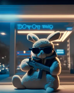 plush rabbit with gun and sunglasses in front of bank robbing 8k, beautiful, at night