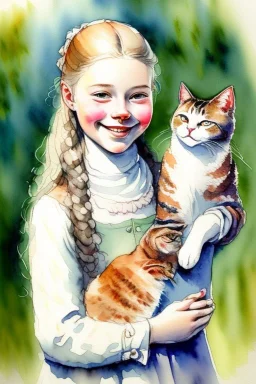 A cute smiling scandinavian girl is holding a cat. Watercolour