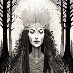 create a symmetric, abstract expressionist lithographic print of a ghostly tribal druid priestess, with highly detailed, delicate feminine facial features, inhabiting a foggy, ethereal Northern forest of ancient hemlocks, in the comic book style of Jean Giraud Moebius, David Hoskins, and Enki Bilal, precisely drawn, sharply defined, boldly inked, in the pale colors of the midnight moon