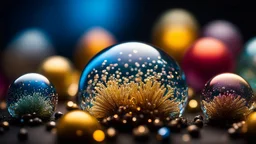 Microphotograph of glass spherules, volumetric light flowers, strong texture, extreme detail, rich moody colors, sparkles, Harry Potter, bokeh, odd