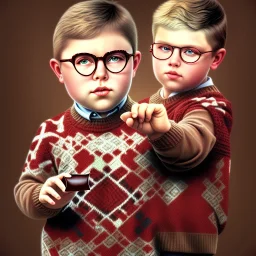 one peter billingsley chubby kid with glasses, gripping a single Dark red soap bar, ((brown))argyle sweater