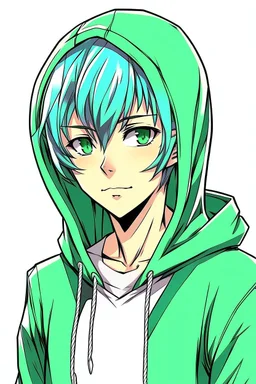 Anime Young man with green hair wearing a hoodie