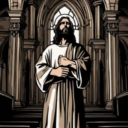 Jesus Standing inside a gloomy church with his fist open