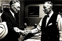 Schwarzweißfoto Chrysler-Vorstandsmitglied Bob Rodger schüttelt J. Robert Oppenheimer die Hand