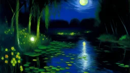 A lilypond under a moonlight painted by Claude Monet