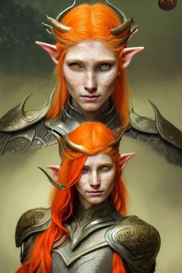 painting of an elven young woman with short light orange hair and freckles and tree tattoos on his cheekbones light armor, full body, ultra realistic, concept art, intricate details, eerie, highly detailed, photorealistic, octane render, 8 k, unreal engine. art by artgerm and greg rutkowski and charlie bowater and magali villeneuve and alphonse mucha