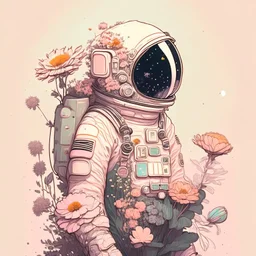 "floral astronaut" hand-drawn digital art, muted tones, flowers everywhere, REALISTIC, anime, 4k, colorful