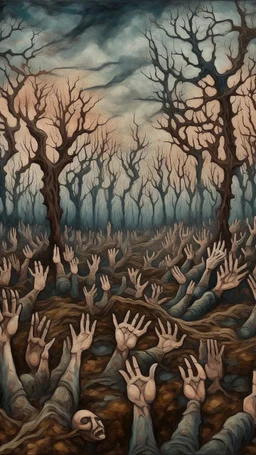 a field of thousands of hands of bodies buried in the ground not visible, horror, hands in different shapes coming out from the ground towards the sky , surrounded by a tree without leaves,Busch painting style nightmare