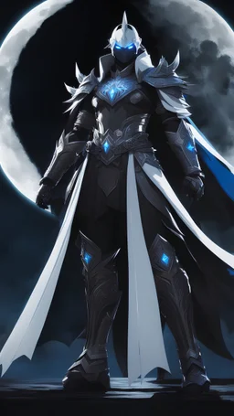 The Divine Wraith in a black and blue costume with white armor standing in front of a full moon, style of ghost blade, genshin impact, antasy character, dark fantasy character design