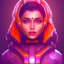 Cute indian girl face , Sci-fi character, orange backlight, pink and purple, scifi suit, profile, purple background, pink lighting