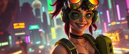 cyberpunk space city, in valley, close up on A charming smiling space pirate hi class girl with disco ball rocket shooting sparks backpack , Blew a fuse in his hips and short-circuited his bits, The Martian fluffy gremlins went wild, the Plutonians dogs screamed, Even black-and-white aliens turned ultraviolet green! in the style of fallout 4 and HR Giger, background motion blur , and volume fog spot lights