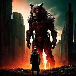 ((dystopian future, man in futuristic suit, powerful wolf with piercing red eyes), city in ruins, breathtaking sunset, vibrant hues), adorned in armor, dominance, decay, metropolis, unyielding spirit of humanity, industrialized world, contrasting juxtaposition, (dramatic lighting, futuristic atmosphere, ruined cityscape, sunset), wide-angle lens, high resolution Negative prompt: (((((bad quality, poorly drawn, distorted, disfigured, ugly)))))
