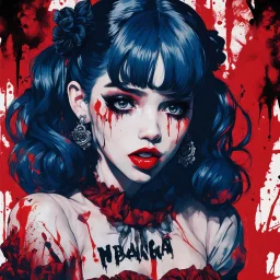 Poster in two gradually, a one side malevolent goth vampire girl face and other side the Singer Melanie Martinez face, full body, painting by Yoji Shinkawa, darkblue and red tones,