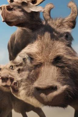 Close-up animation of a mischievous group of wild warthogs wearing sunglasses and attempting to breakdance in a comical fashion.