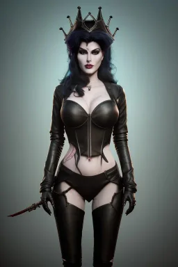 Amy Dumas as evil queen in black leather, leather, busty, cleavage, angry, rage, stern look. character design by cory loftis, fenghua zhong, ryohei hase, ismail inceoglu and ruan jia. unreal engine 5, artistic lighting, highly detailed, photorealistic, fantasy