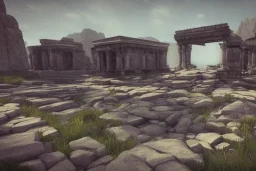 full landscape, stone temple, atmospheric, realistic, unreal engine, cinematic lighting, octane render.