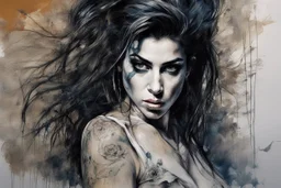 amy winehouse Stunning art masterpiece Basic style of horror, Overhead, hyper detailed, multi-layered illustration, in a highly detailed elegant unbuttoned dress, dynamic seductive pose, accentuating perfect anatomy, impressive concept by Carne Griffiths and Wadim Kashin, dynamic, highly detailed, symmetry, airbrush graffiti technique, high definition illustrations, soft and sharp focus, accent lighting, bold paint colors, symmetry, painted, intricate, volumetric lighting, beautiful masterpiece