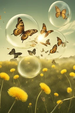 Butterflies in bubble blown up to the sky through a field of dandelions