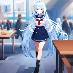 Clear focus, High resolution, long fluffy light blue hair, hair between eyes, long locks, wearing a sailor uniform, wearing a sailor skirt, long black socks, 1girl, cartoon, cute, UNFOTABLE studio, red tie, walking, outside setting