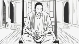 ، يظهر رجل جالس على كرسي في غرفة مظلمة. وجهه غير واضح، لكن يمكن رؤية عينيه مغمضتين. الرجل يرتدي ملابس سوداء، ويبدو أنه في حالة من الهدوء والتأمل.