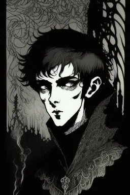 17 year old boy, necromancer, friendly, looks dead, surrounded by weird smoke with eyes, wearing black robes, in the style of Harry Clarke
