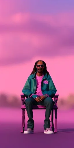 Snoop dogg, sitting. a chair. pink houses, pink sky, pink smoke, trees, outdoors. Groove street. 28mm