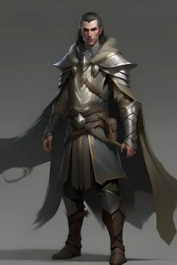 male high elf ranger wearingleather armor, a gray cloak and a mantle of brown feathers