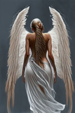 full body woman angel from back wings coming from her back, bun haired angel wearing long tunic ultra realistic