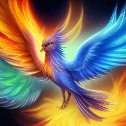 a detailed illustration of a phoenix with shiny blue wings and long glowing sparkly body, luminescent body, glinting spread wings, soft and smooth glowing wings, soft feathers, macro lens, sharp focus, meticulously detailed, soft studio lighting, smooth blurred gradient background, twinkly eye, 64k, playfull