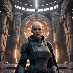 a bold and heroic bald male Corellian pilot in black and metallic grey First Order special forces gear meets a female Jedi Master in ancient, mystical temple, hyperdetailed, dynamic lighting, hyperdetailed background, 8k resolution, volumetric lighting, light skin, fully symmetric details