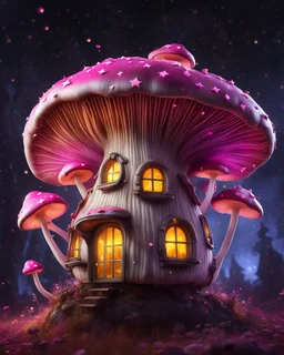 An illogically floating mushroom house on a clear night. white pink yellow, Stars Dark cosmic interstellar. Detailed Matte Painting, deep color, fantastical, intricate detail, splash screen, hyperdetailed, insane depth, concept art, 8k resolution, trending on Artstation, Unreal Engine 5, color depth, backlit, splash art, dramatic, High Quality Whimsical Fun Imaginative Bubbly, perfect composition