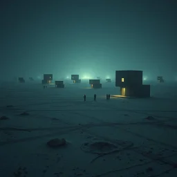 Photograph of odd brutalist buildings scattered over a wasteland, powder, night, people, nothingness, nightmare, minimalist, details of the terrain very accentuated, 8k, deep 3d field, sharp, eerily mysterious, artistic photo, large format film, fotograph by Yves Tanguy, scenography by René Magritte, hasselblad h6d400c --ar 85:128 --v 6.0
