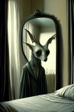 a creature with distinct personality by ashley wood, leonora carrington, hieronymus bosch and mark ryden, alone in a hotel room : : portrait through a mirror : : ultra - detailed technical precision : : matte painting, high definition 3 d render, unreal engine