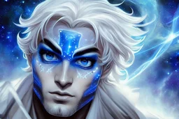 beauty cosmic warrior men with big blu eyes with white galattic clothes