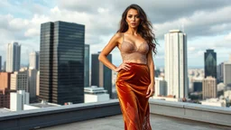 very beautiful lady with makeup long curvy hair pretty official midi lace velvet copper skirt with a lace loose bra, high heels, full body posing_to_camera in a modern city on roof of a skyscaper stage