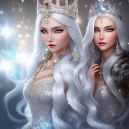 Ice Princess with white hair smilling, a crown with precious stones, bright background