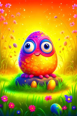 Cartoon egg pfp character beetle insect bug egg detailed forest full of flowers sunset dew drops