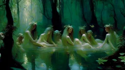 In the heart of a mystical forest, where the veil between reality and imagination is thin, lies a scene of ethereal beauty: The nymphs of the great bathers.