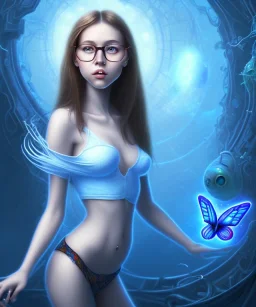 Dibujo escena de una mariposa de los abismos en el fondo, aparece una adolescente con gafas y un perrete azul. sexy full body