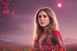 Feiticeira escarlate, Elizabeth Olsen, feiticeira, magia, bonita, cenário em um campo de flores, cinematográfico, dramático, por do sol, campo de flores, cores frias