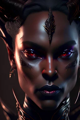 hyper detailed ultra sharp 3/4 portrait of a beautiful dark Female devil (PERFECT FACE, PERFECT EYES) in dramatic pose, 16 k, hd, cinematic, volumetric light, proportional, trending on artstation, sharp focus, studio photo, intricate details, highly detailed, by greg rutkowski, professional ominous concept art, an intricate, elegant, highly detailed digital painting