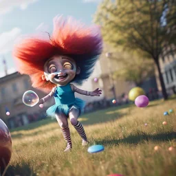 Ultra realistic circus scene. Sweet big hair monster flying, playing with Child’s, smile, happy, color bubbles, smooth color, waist up view, Wes Anderson style, a lot of people background, highly detailed, concept art, unreal engine 5, god rays, ray tracing, RTX, lumen lighting, ultra detail, volumetric lighting, 3d, finely drawn, high definition, high resolution.