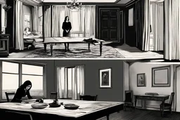 PORTRAIT OF A DARK HOME AND VIEW OF A ROOM WITH A TABLE IN THE ROOM'S CENTER AND A WOMAN SUFFOCATING ON THAT TABLE IN THE ROOM