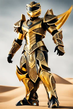 Full body photography,front_view,power ranger looking at viewer,traditional dress ornaments mechanical_armor,intricate armor, delicate golden filigree, intricate filigree, black metalic parts, detailed part,desert background, dynamic lighting