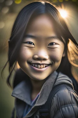 portrait of an asian girl 11 years old, smiling, outdoors, dslr camera, cinematic photography, epic angle, dark colour tone, hyper-realistic